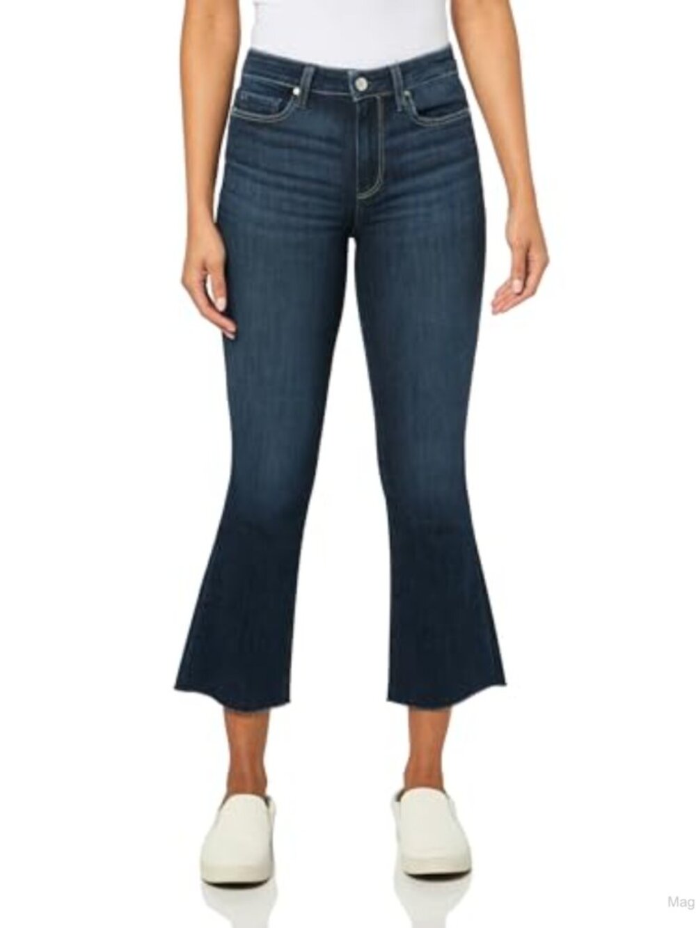 High Rise Cropped Flare Jeans Raw Hem Stretch Cotton Blend